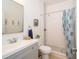 Modern bathroom with sleek fixtures, a stylish vanity, and a tiled shower area with a curtain at 4810 Diamonds Palm Loop, Wesley Chapel, FL 33543