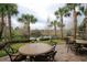 Outdoor patio area with seating, offering tranquil views of the pond at 4810 Diamonds Palm Loop, Wesley Chapel, FL 33543
