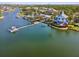 Aerial shot showcasing lakefront living with dock, pool, and charming buildings nestled in a lush setting at 525 Manns Harbor Dr, Apollo Beach, FL 33572