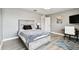 Charming bedroom with light grey walls, wood-look floors, desk, and comfortable bed at 6700 Devlin Ln, Wesley Chapel, FL 33545
