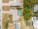 Aerial view showcasing the backyard pool and patio area, surrounded by lush greenery at 9069 Gaynor St, Spring Hill, FL 34608
