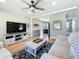 Cozy living room with wood floors open to kitchen, with a ceiling fan and neutral tones at 1734 Shore Acres Ne Blvd, St Petersburg, FL 33703