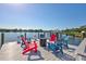 Serene dock featuring colorful chairs and a fire pit, perfect for enjoying waterfront views and relaxation at 4151 Sunrise S Dr, St Petersburg, FL 33705