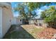 A fenced backyard has a door to the house and some trees nearby at 1422 Pinebrook Dr, Clearwater, FL 33755