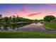 Scenic view of the community pond, lined with mature trees, reflecting a beautiful sunset sky at 206 147Th E St, Bradenton, FL 34212