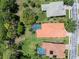 Aerial view of residences with manicured lawns and a private pool surrounded by mature trees and lush greenery at 2671 Lakebreeze S Ln, Clearwater, FL 33759