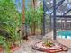 Backyard area with a bird bath, disc golf basket, and view of the pool enclosure at 402 S Barbara Ln, Tampa, FL 33609