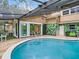 Backyard swimming pool with screened enclosure, poolside foliage and unique exterior art at 402 S Barbara Ln, Tampa, FL 33609
