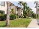 A side view of canal-front condos with lush landscaping and multiple palm trees at 428 Moorings Cove Dr # 7F, Tarpon Springs, FL 34689