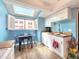 Bright kitchen with a skylight, white cabinets, butcher block counters, stainless steel sink, and a small dining table at 1500 Sunset Rd # C7, Tarpon Springs, FL 34689