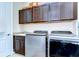 A well-lit laundry room with modern washer and dryer, and ample storage cabinets at 15305 Fishhawk Preserve Dr, Lithia, FL 33547