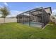 Spacious backyard with green grass, white fence, mature trees, and a screened-in pool area at 19926 Stone Pine Cir, Lutz, FL 33558