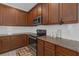 Kitchen featuring wooden cabinets, granite countertops, a subway tile backsplash, and stainless steel appliances at 19926 Stone Pine Cir, Lutz, FL 33558