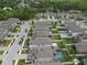 Aerial perspective of a residential area featuring backyard pools, manicured lawns, and tree-lined streets at 19926 Stone Pine Cir, Lutz, FL 33558