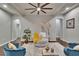 Open living room with dark hardwood floors, tray ceiling, fan and stylish, modern furniture at 20537 Lace Cascade Rd, Land O Lakes, FL 34637