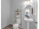 Bathroom featuring a pedestal sink, toilet, and stylish fixtures with wood-look floors at 662 Petal Mist Ln, Brooksville, FL 34604