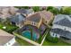Aerial view of the backyard pool with screened enclosure, complemented by verdant landscaping and a fence at 7029 Dowling Mill Cir, Tampa, FL 33625