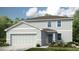 Charming two-story home showcasing a two-car garage, blue door and lush landscaping at 13470 Tropical Breeze Way, Hudson, FL 34669