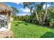 Lush green backyard featuring a tiki hut and vibrant tropical landscaping at 6630 Gulfport S Blvd, South Pasadena, FL 33707