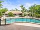 Large swimming pool with a safety fence and a manicured backyard with mature palms and landscaping at 876 Ranch Rd, Tarpon Springs, FL 34688