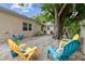 Backyard with patio, yard with pea gravel, mature trees, and lounge chairs at 130 41St Ne Ave, St Petersburg, FL 33703