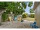A backyard with three colorful chairs, pea gravel cover, a wooden fence, and tropical plants at 130 41St Ne Ave, St Petersburg, FL 33703