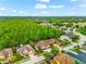 An aerial view of homes in a neighborhood surrounded by mature trees with blue skies and white clouds above at 15045 Wind Whisper Dr, Odessa, FL 33556