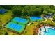 Aerial view of three community tennis courts with lush green surroundings and pool at 20305 Oak Key Ct, Tampa, FL 33647