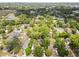 Overhead shot of a quaint neighborhood with lush trees, charming homes, and a serene lake visible in the distance at 37401 Magnolia Ave, Dade City, FL 33523