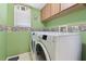 Laundry room with washer and dryer, upper cabinets, and decorative wall border, creating a functional space at 7606 Four Pines Rd, Plant City, FL 33565