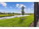 Scenic backyard pond view with lush green landscaping and mature trees at 9408 Coastline Way, Parrish, FL 34219