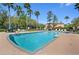 Wide shot of the community pool, showing plenty of lounge seating and surrounding greenery at 4535 Winding River Way, Land O Lakes, FL 34639
