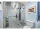 Modern shower with clear glass, sleek fixtures, and grey tile at 1600 Gulf Blvd # 618, Clearwater, FL 33767