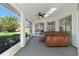 Relaxing sunroom boasts a built-in hot tub, ceiling fan, and sliding doors to the backyard at 1608 Ledgestone Dr, Brandon, FL 33511