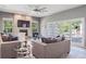 Bright living room with stone fireplace, French doors leading outside, and stylish furniture at 2990 Eagle Estates W Cir, Clearwater, FL 33761