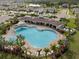 A beautiful community pool and clubhouse surrounded by palm trees and lush landscaping in a sunny neighborhood at 33581 Elm Hill Br, Wesley Chapel, FL 33545