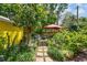Backyard stone path leading to patio with seating area and fire pit at 4462 2Nd S Ave, St Petersburg, FL 33711