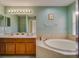 Bathroom boasts a soaking tub, double sinks, and a large mirror with attractive lighting at 5033 Blue Runner Ct, New Port Richey, FL 34652