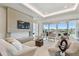 Bright living room featuring a stone fireplace, TV, modern furniture, and sliding glass doors with water views at 7974 1St S Ave, St Petersburg, FL 33707
