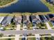 Aerial view of neighborhood homes beside a lake, showcasing landscaping and community layout at 10628 Bahama Woodstar Ct, Riverview, FL 33579