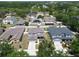 Overhead shot of a neighborhood with two-story homes and mature trees at 11136 Hartford Fern Dr, Riverview, FL 33569