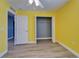 Bedroom with yellow walls, empty closet, ceiling fan, and wood floors at 11136 Hartford Fern Dr, Riverview, FL 33569
