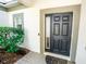 An elegant dark front door with sidelight and greenery enhances curb appeal at 1510 Rushgrove Cir, Dover, FL 33527