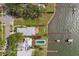 Aerial view of waterfront homes featuring private docks, pools, and meticulously maintained green lawns at 1748 Sunset Dr, Clearwater, FL 33755