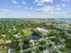 Overhead view of a residential area with lush landscaping and a scenic pond nearby at 2401 Havana Dr, Clearwater, FL 33764