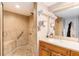 Bathroom features stone-tiled shower with bench, single vanity, and large mirror at 4141 Bayshore Blvd # 1204, Tampa, FL 33611
