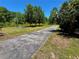 Long driveway leading to a cozy backyard with a fire pit and seating area, surrounded by trees at 4310 Lithia Pinecrest Rd, Valrico, FL 33596