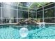 Close up of the clear pool with decorative globes and waterfall feature with an enclosure at 5269 Karlsburg Pl, Palm Harbor, FL 34685