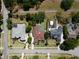 Aerial view of a home with a pool, screened lanai, manicured yard, and nearby houses in a well-planned neighborhood at 5807 Thoreau Pl, Lithia, FL 33547