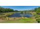 A scenic community pond with a fountain surrounded by lush greenery, lily pads, and manicured grass at 5807 Thoreau Pl, Lithia, FL 33547